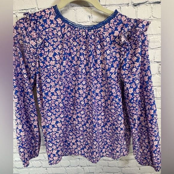 J Crew Cobalt Blue Pink Ditzy Cottagecore Romantic Sweet Long Sleeve Blouse XS - Picture 1 of 13
